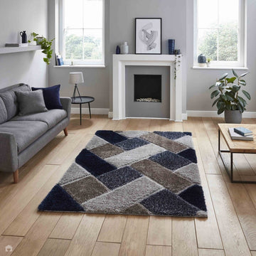 Olympia 2239 3D Geometric Plush Carved Hi-Lo Textured Soft Polyester Metallic Shimmer Shaggy Grey/Navy Rug-Think Rugs-Rug Love - The Most Loved Rug Store